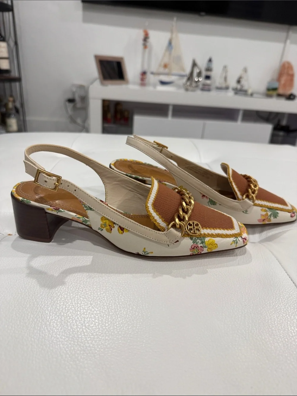 Tory Burch Cream & Brown Floral Chain-Accent Slingback Heels